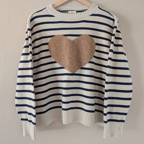 St. John's Bay Navy White Stripe Sweater Brown Boucle Heart Cottagecore Size PXL - Picture 1 of 13